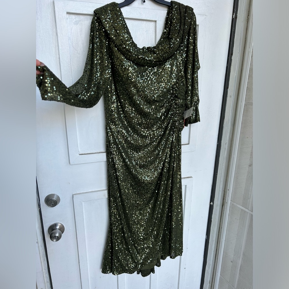 Size 14 olive sequin Mac Dugall dress with stretch.